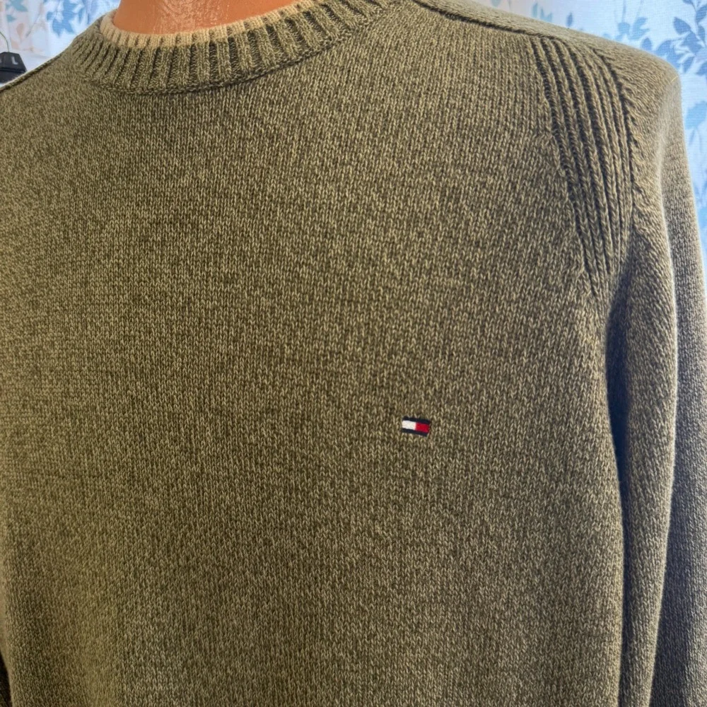 Tommy‎ Hilfiger Mens XL Olive Green Marled Cotton Crewneck Sweater Pullover Logo
